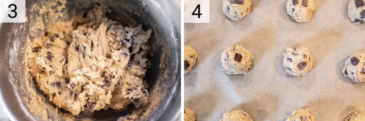 process shots of mixing cookie dough and rolling into balls and placing on parchment paper