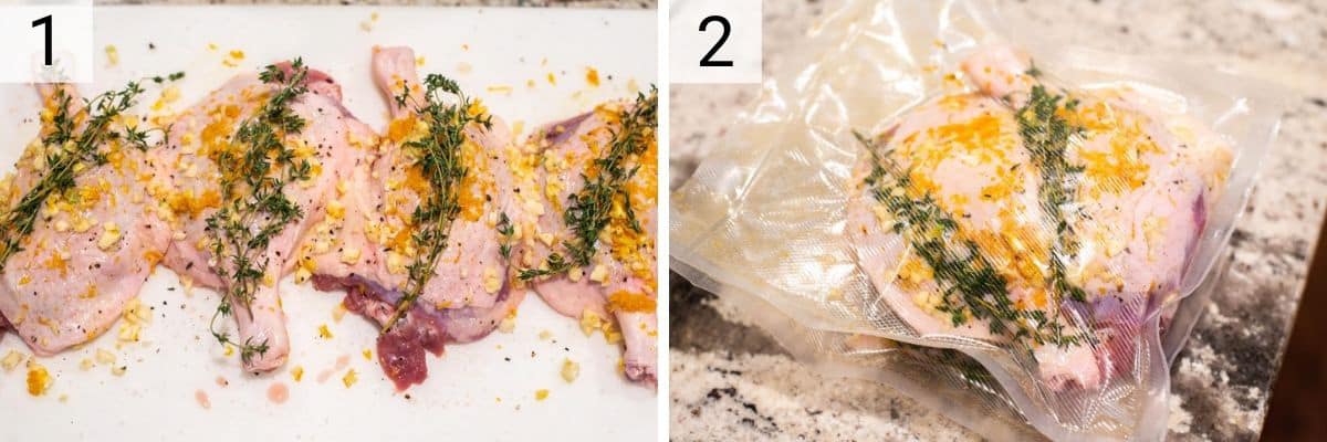 process shots of rubbing garlic, zest and thyme on duck and vacuum sealing in bag