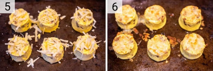process shots of adding cheese to egg bites and broiling