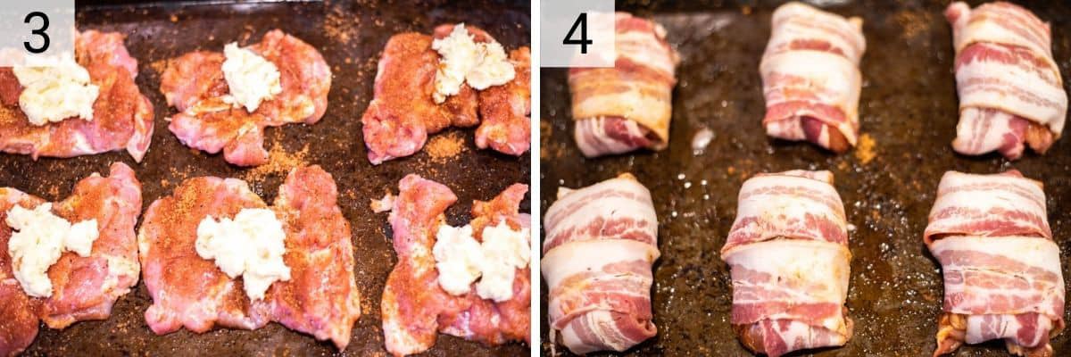 process shots of stuffing chicken with butter and rolling up and wrapping bacon around it