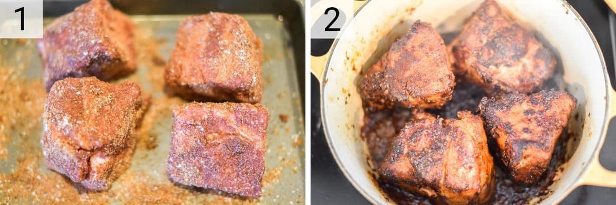 process shots of seasoning pork before searing in Dutch oven