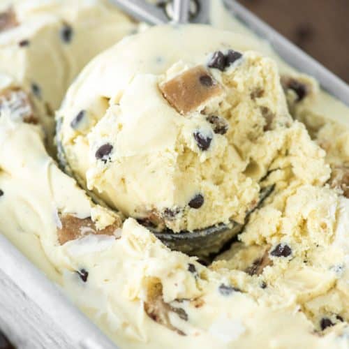 scoop in metal tin of chocolate chip cookie dough ice cream