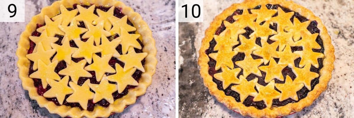 process shots of adding star crusts on top of pie and baking