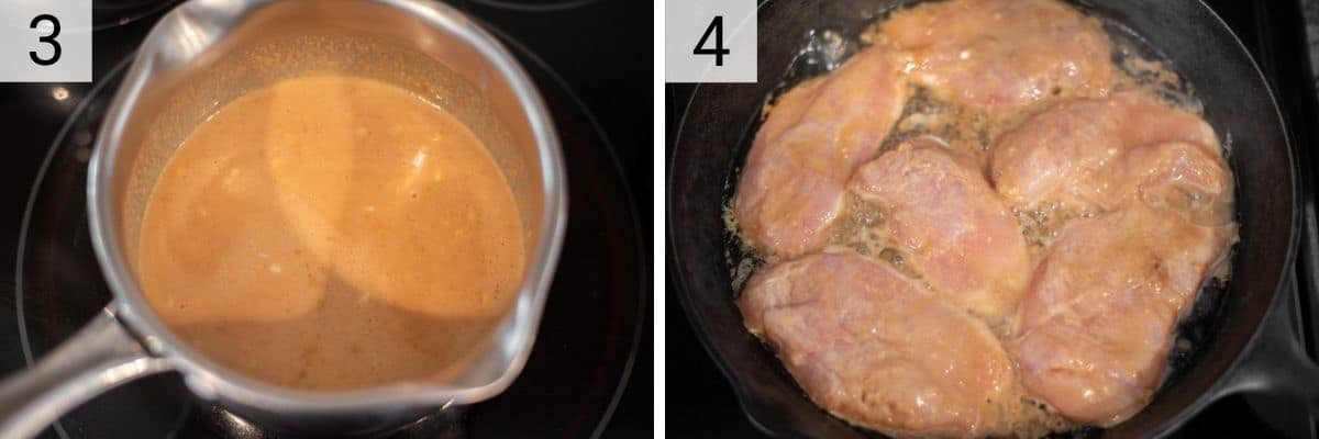 process shots of cooking peanut sauce in pan and cooking chicken in skillet