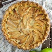 overhead shot of apple pie in pie plate