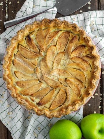 overhead shot of apple pie in pie plate