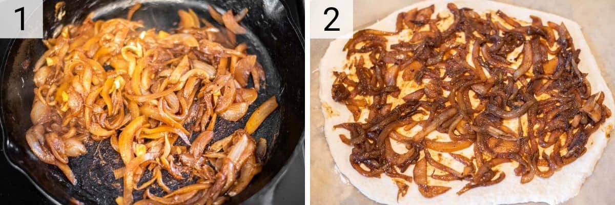 process shots of caramelizing onions and spreading on pizza dough
