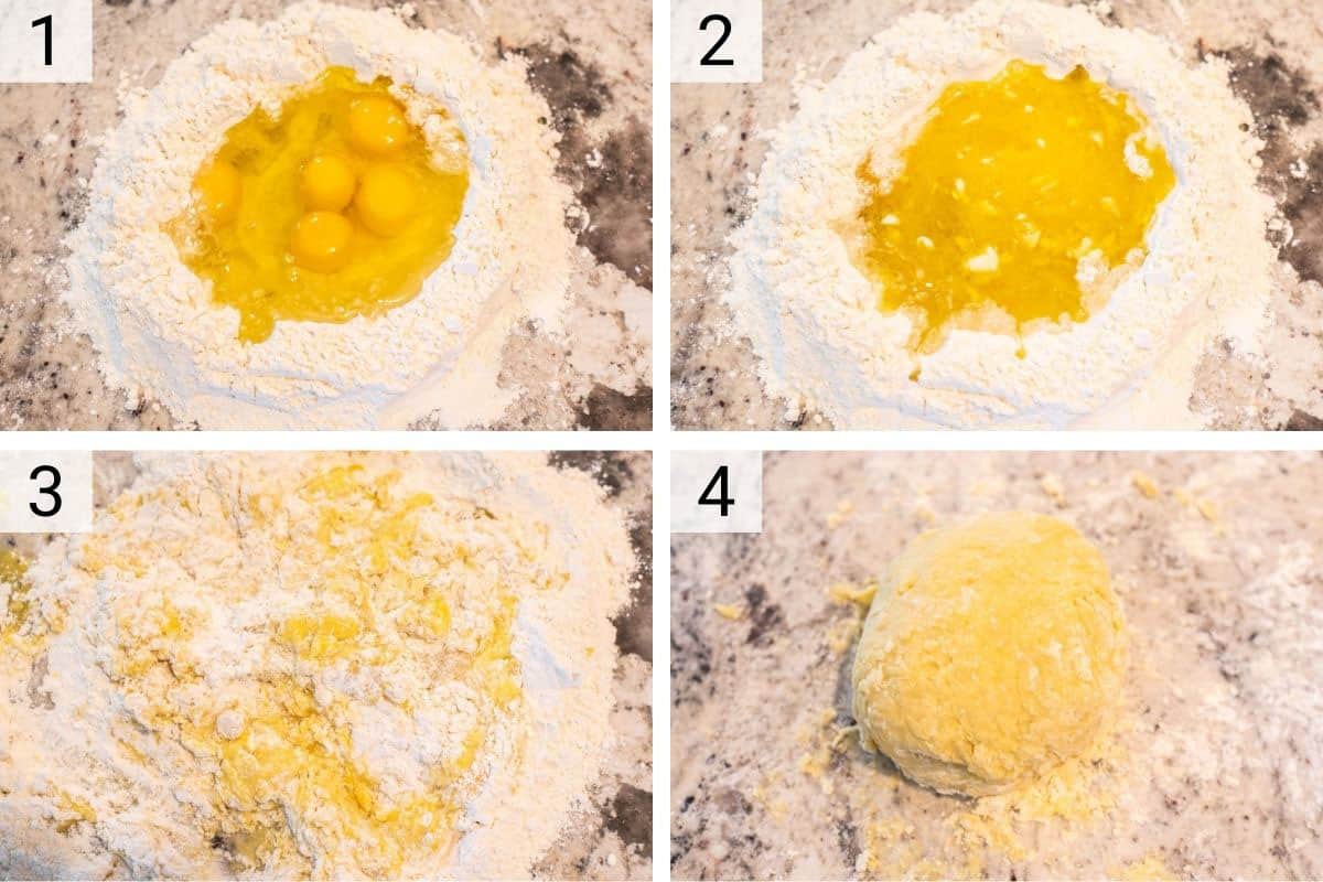 process shots of mixing eggs with flour and forming into ball
