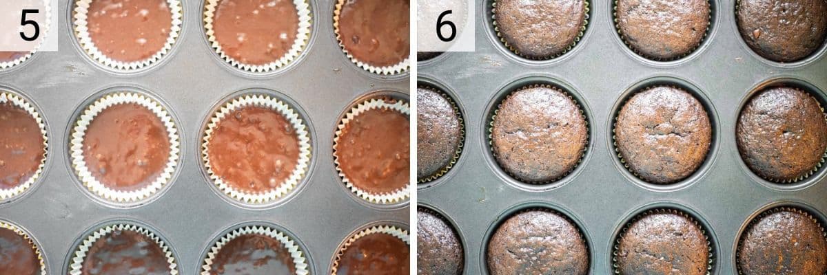 process shots of adding batter to muffin tins before baking