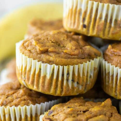 stacked muffins made with pumpkin and bananas