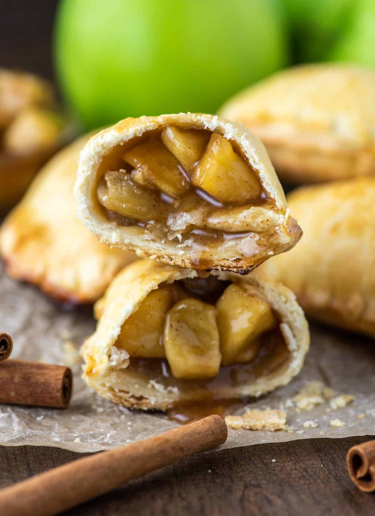 apple empanada cut in half and stacked on top of each other