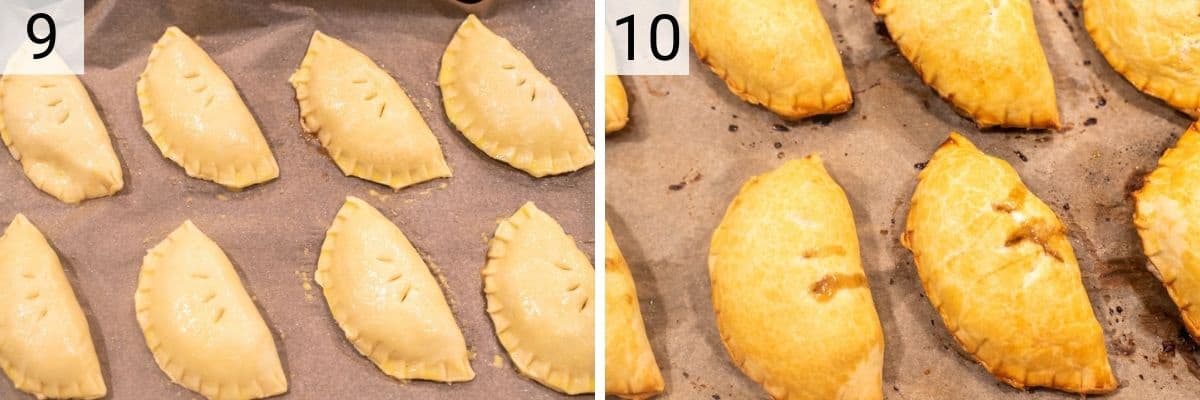 process shots of adding empanadas to baking sheet and baking