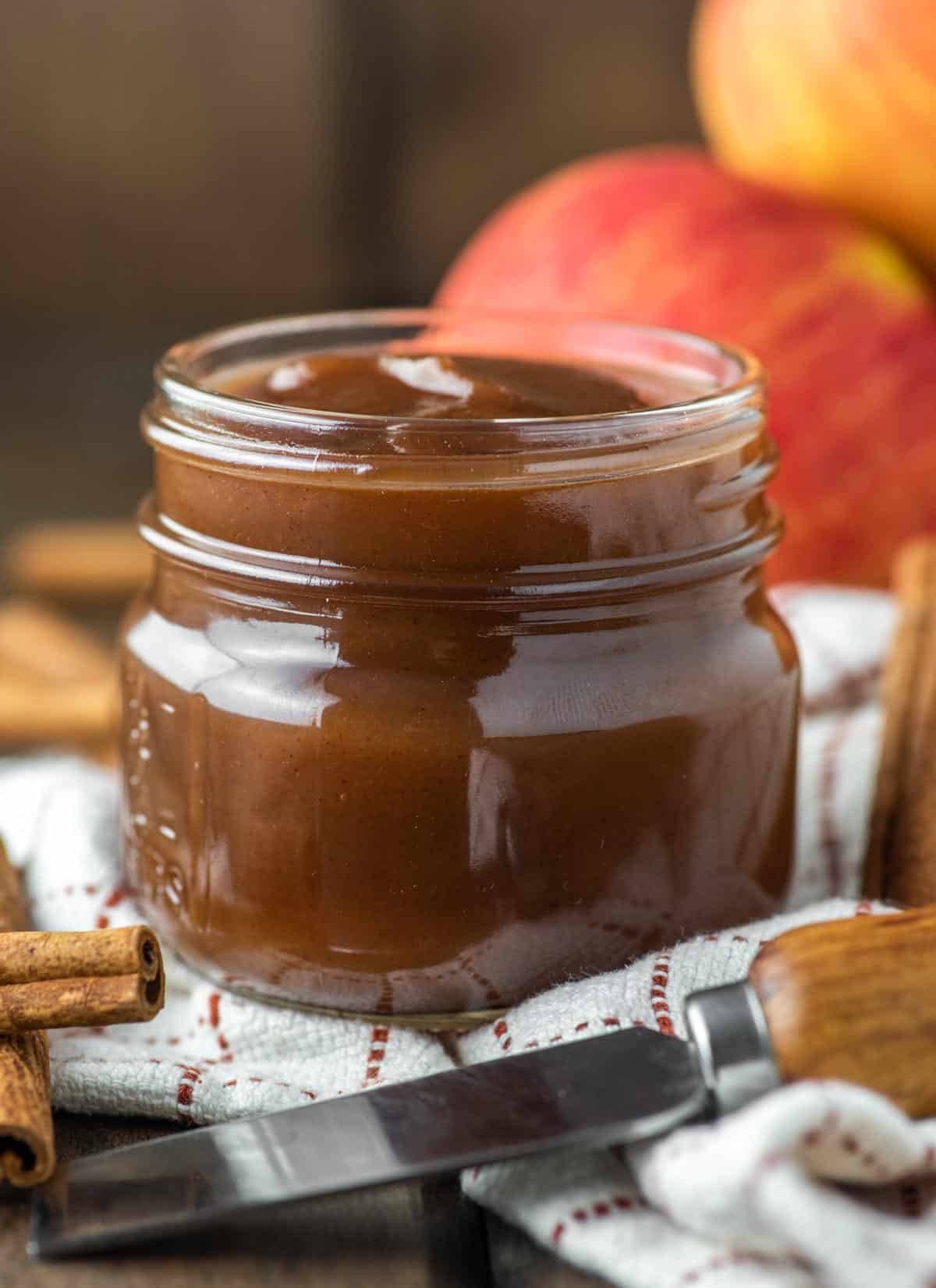 close up of Instant Pot apple butter in glass jar