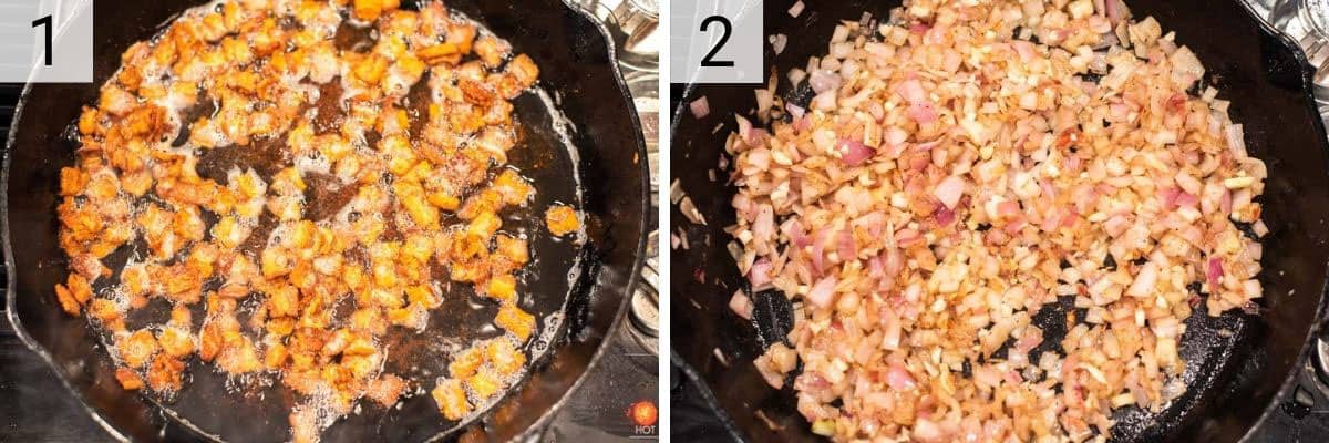 process shots of cooking bacon in skillet before cooking shallots and garlic