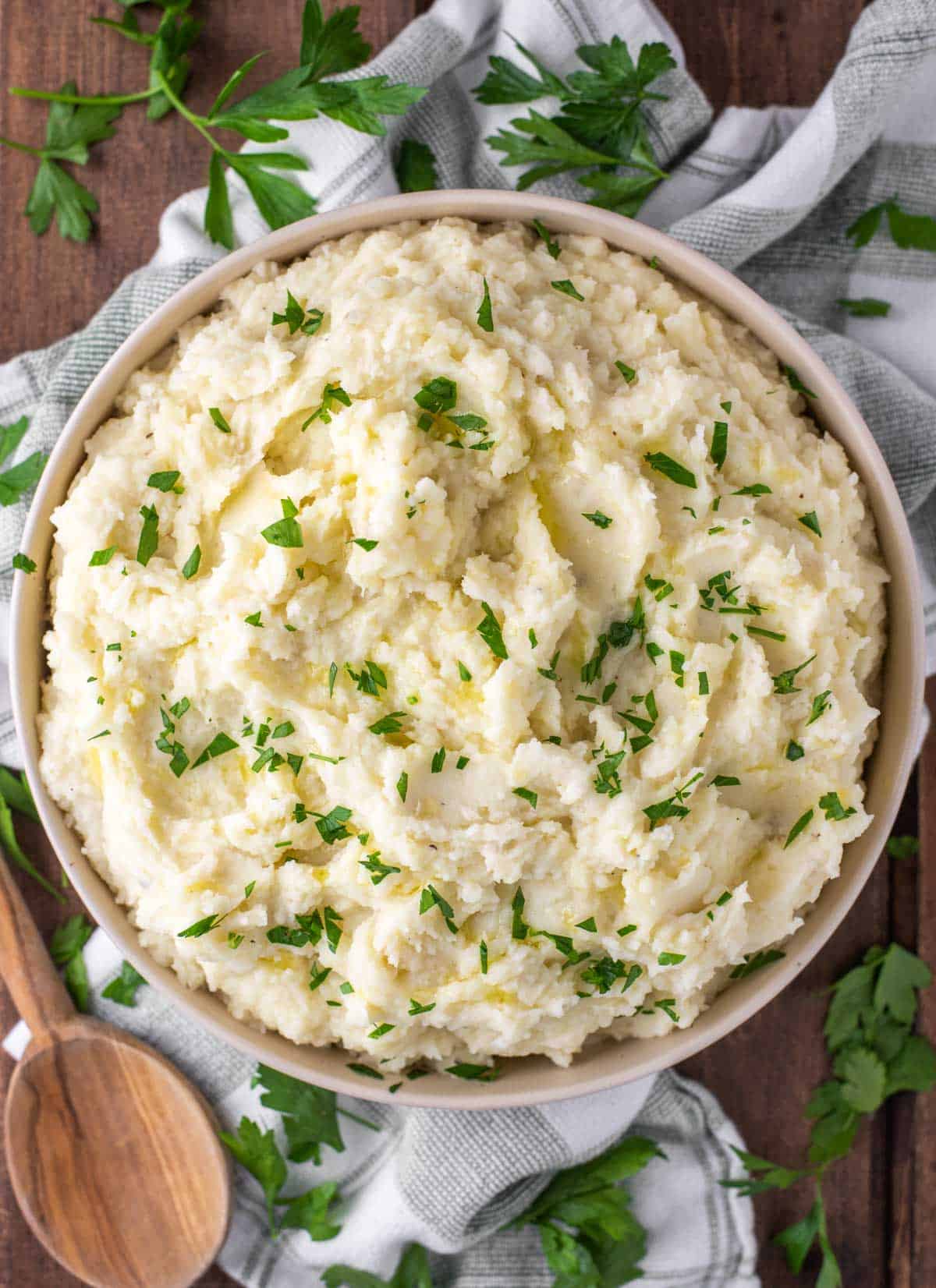 overhead shot of a bowl of mashed potatoes made with truffle oil
