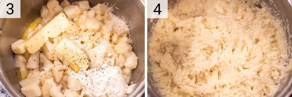 process shots of adding ingredients to potatoes and mashing