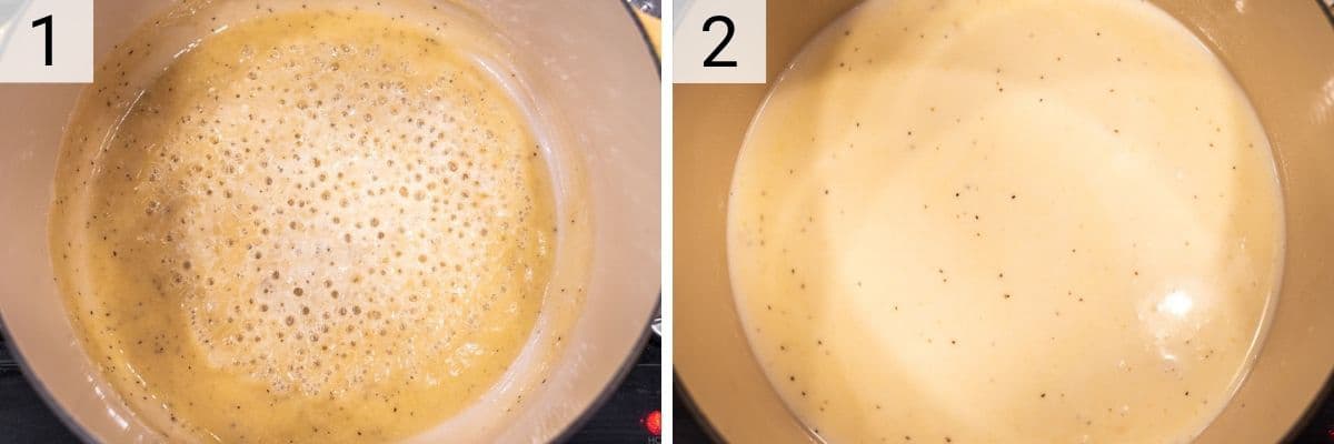 process shots of making roux and adding milk to Dutch oven