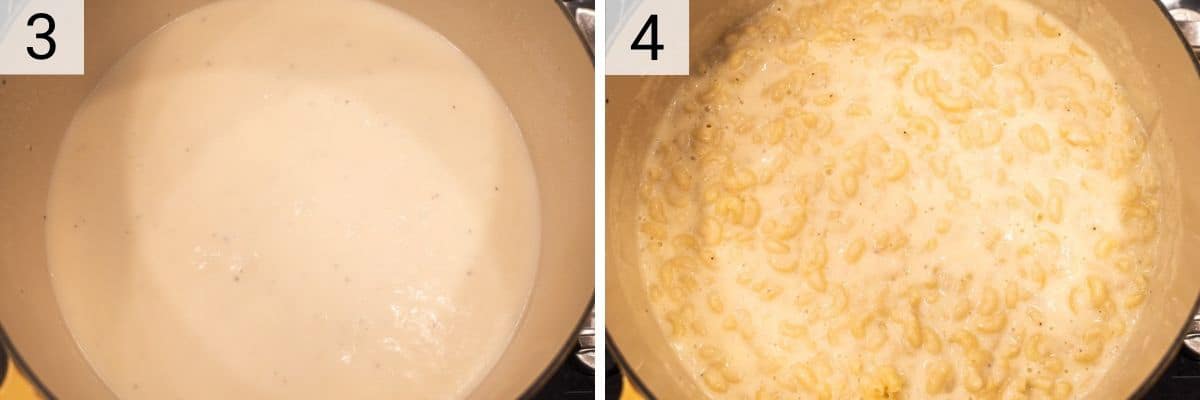 process shots of cooking milk before adding cheese and pasta