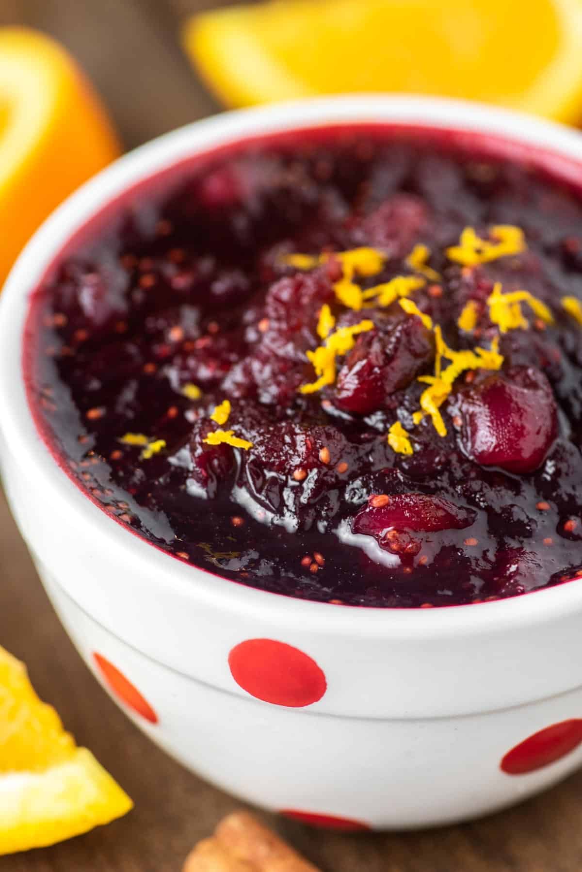 close-up of Instant Pot cranberry sauce in white bowl