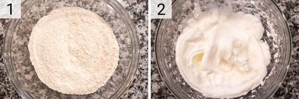 process shots of mixing dry ingredients in bowl and whipping egg whites