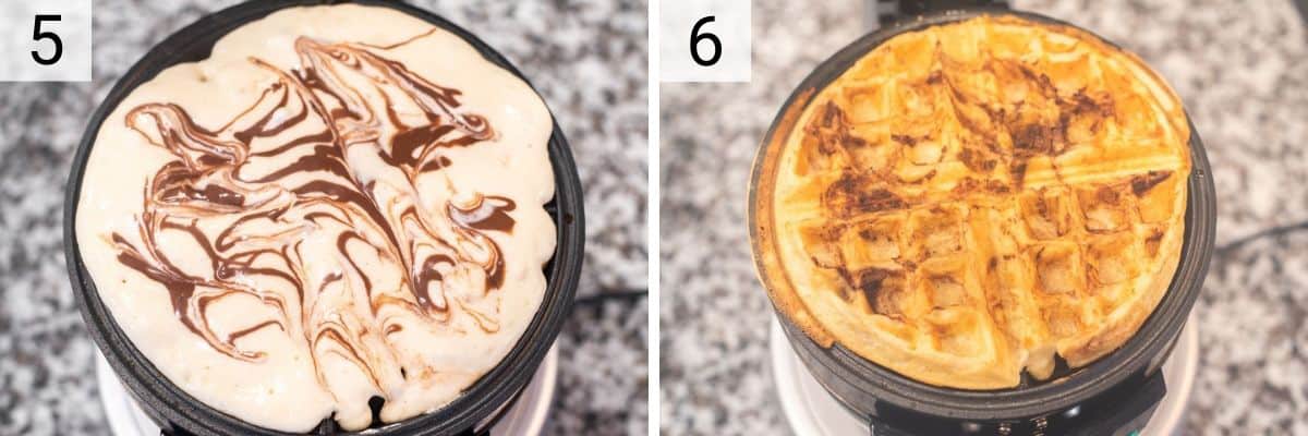 process shots of adding batter to waffle maker and swirling in nutella