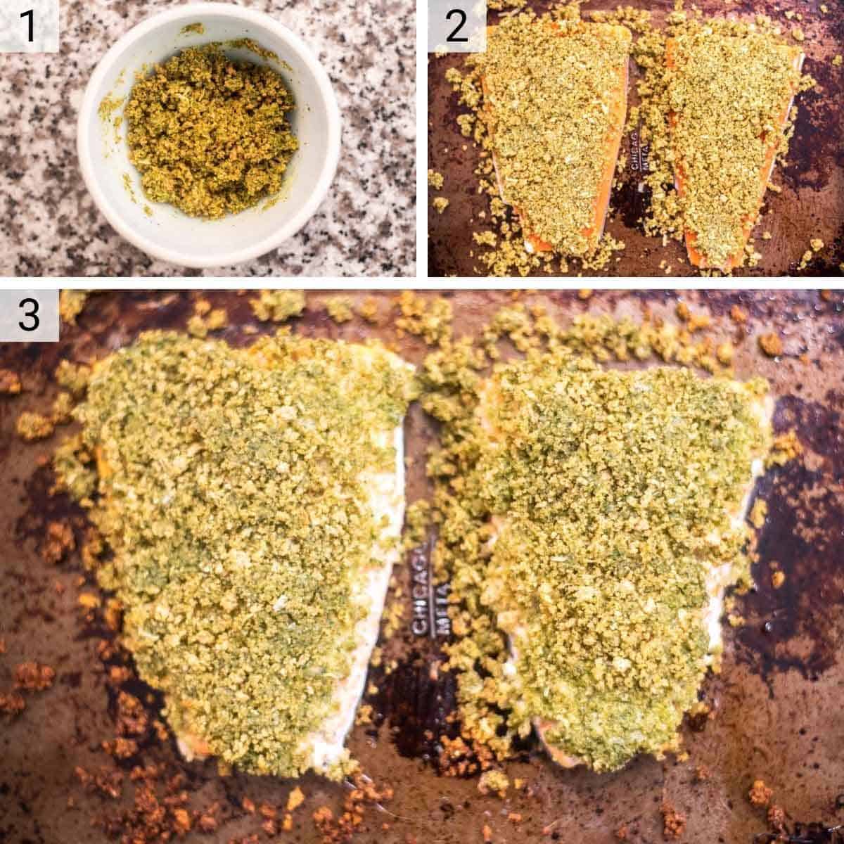 process shots of making breadcrumb mixture, topping on salmon and baking