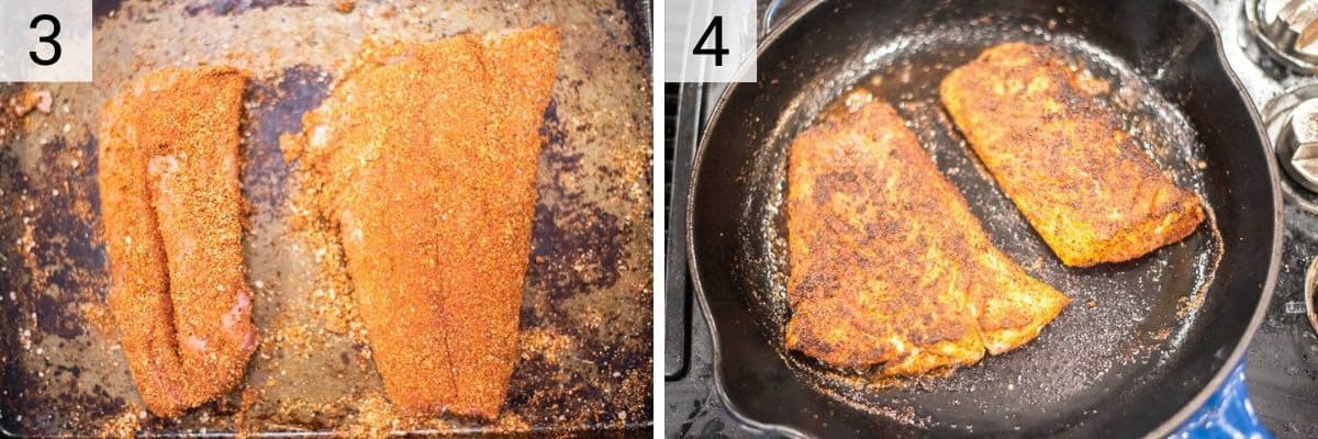 process shots of rubbing spice mixture on fish and cooking in skillet
