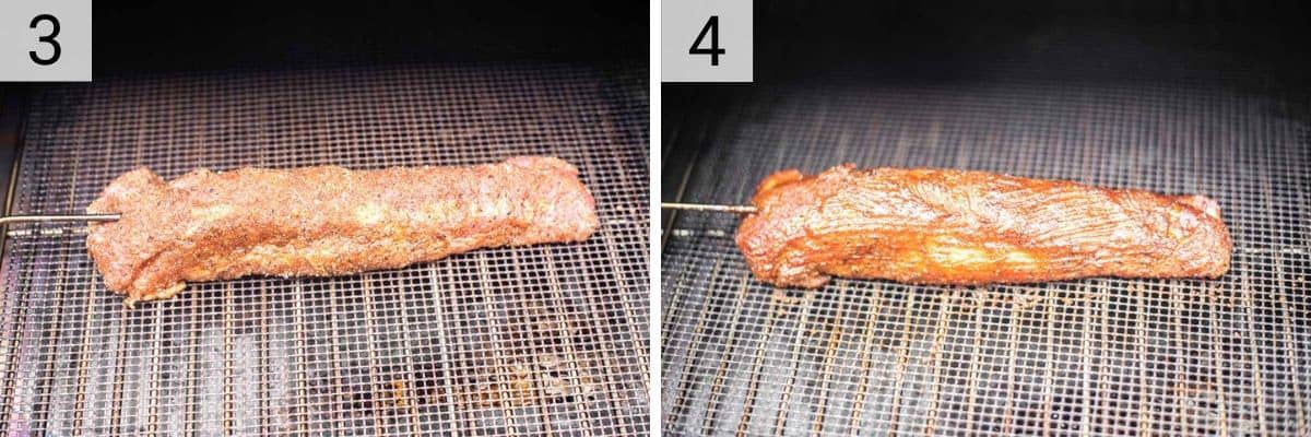 process shots of smoking pork and adding bbq sauce to it