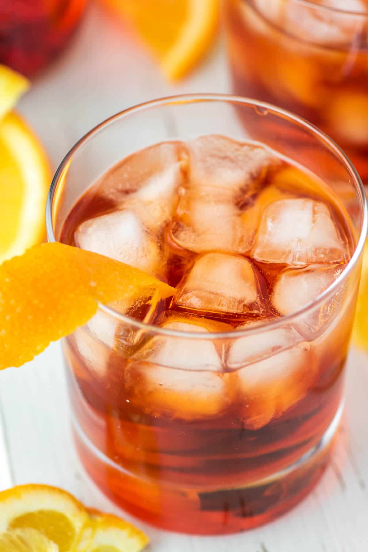 close-up of Aperol negroni in glass