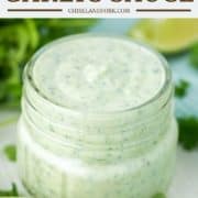 close-up of cilantro garlic sauce in mason jar