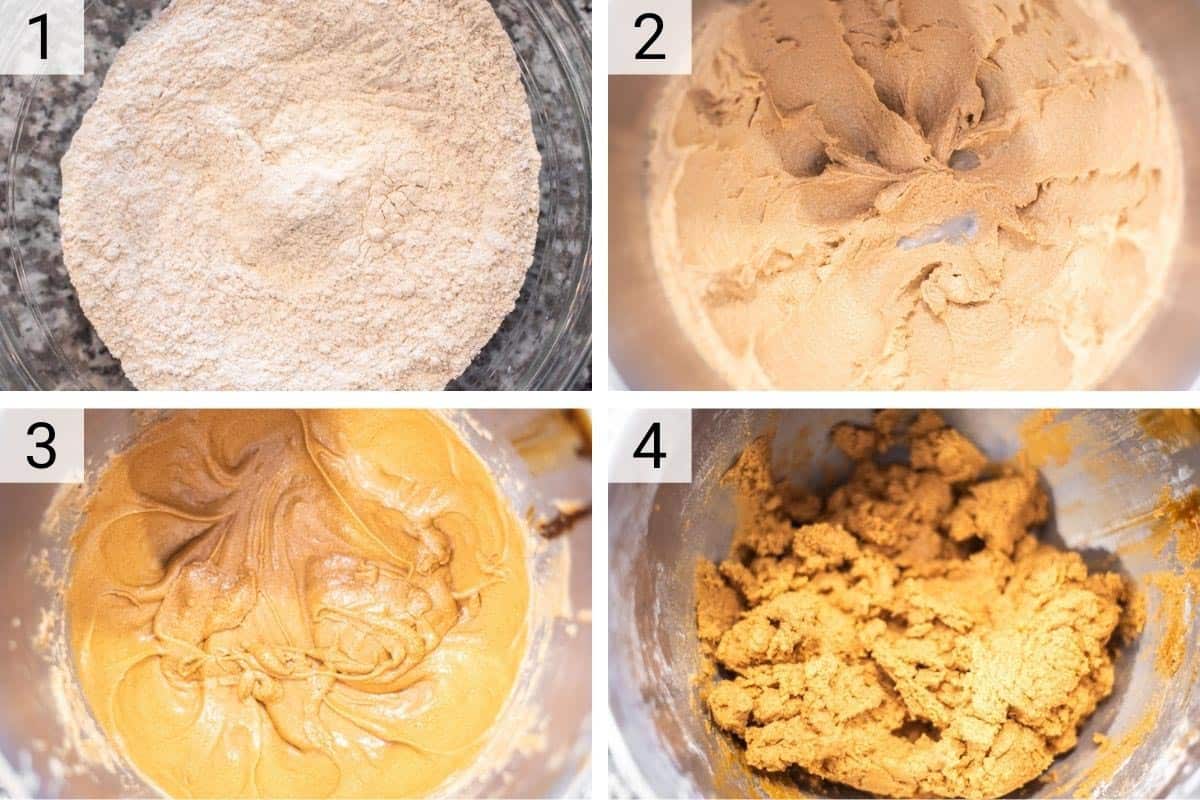 process shots of mixing flour and spices, beating butter and sugar, adding eggs and vanilla and dry ingredients to wet ingredients