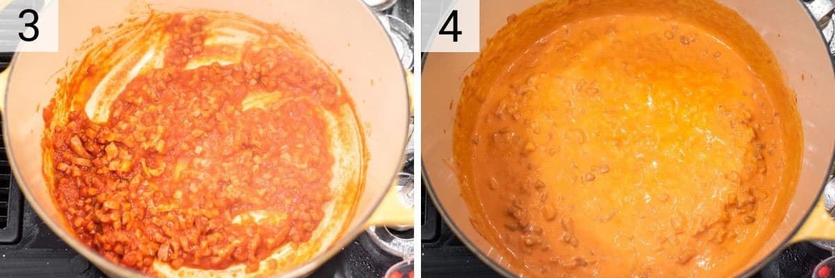 process shots of cooking tomato puree before stirring in cream