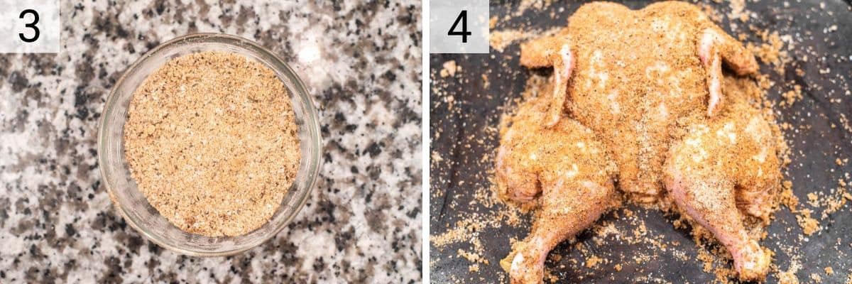 process shots of making rub and rubbing outside chicken