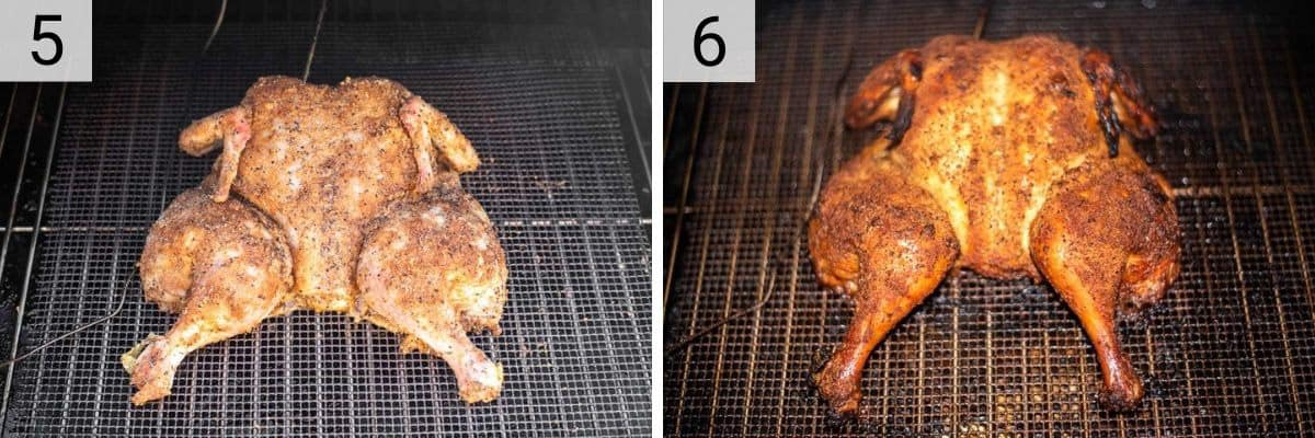 process shots of smoking the chicken in a pellet grill