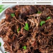 close-up of Instant Pot shredded beef on white plate