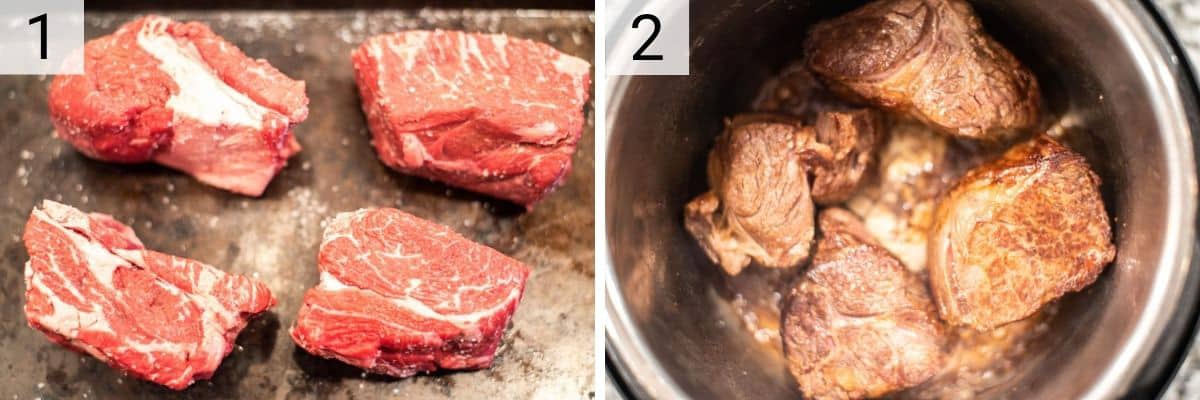 process shots of seasoning beef and searing