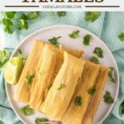 overhead shot of Instant Pot tamales on white plate with fork