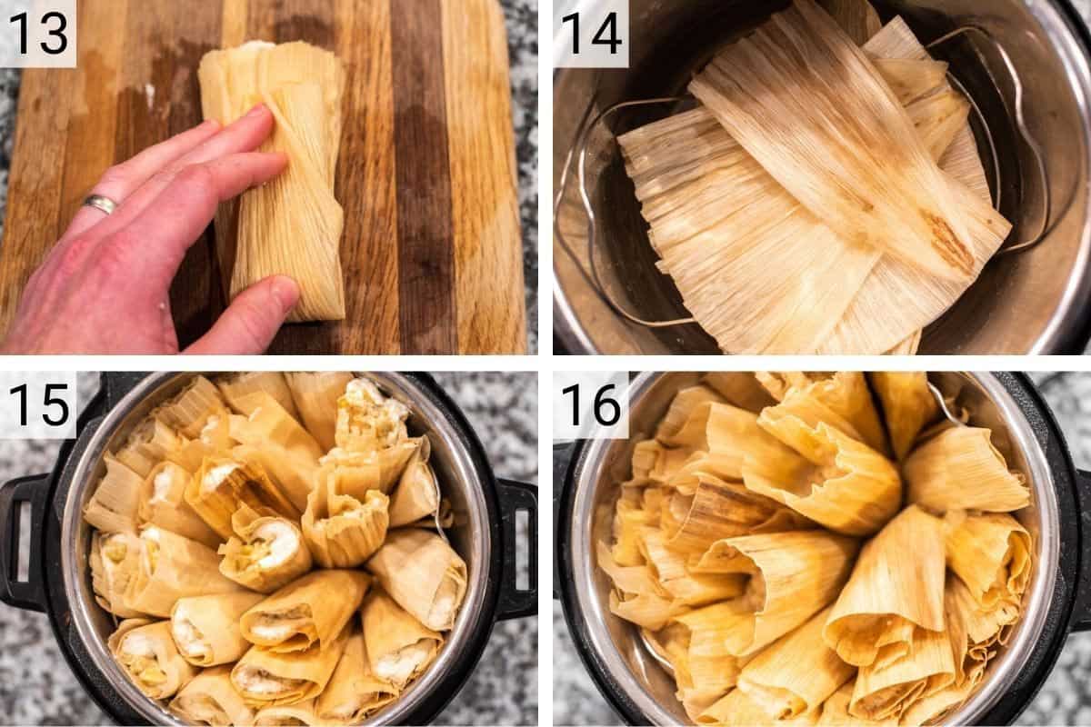 process shots of placing tamales in Instant Pot and cooking