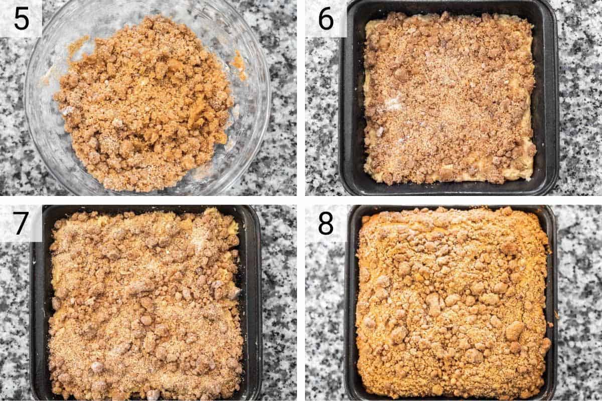 process shots of making streusel before adding batter to pan and baking
