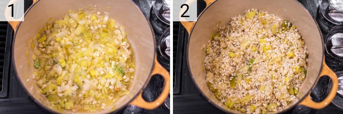 process shots of cooking leeks in Dutch oven then cooking rice