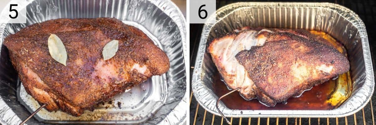 process shots of adding pork to aluminum foil with lard and bay leaves and smoking