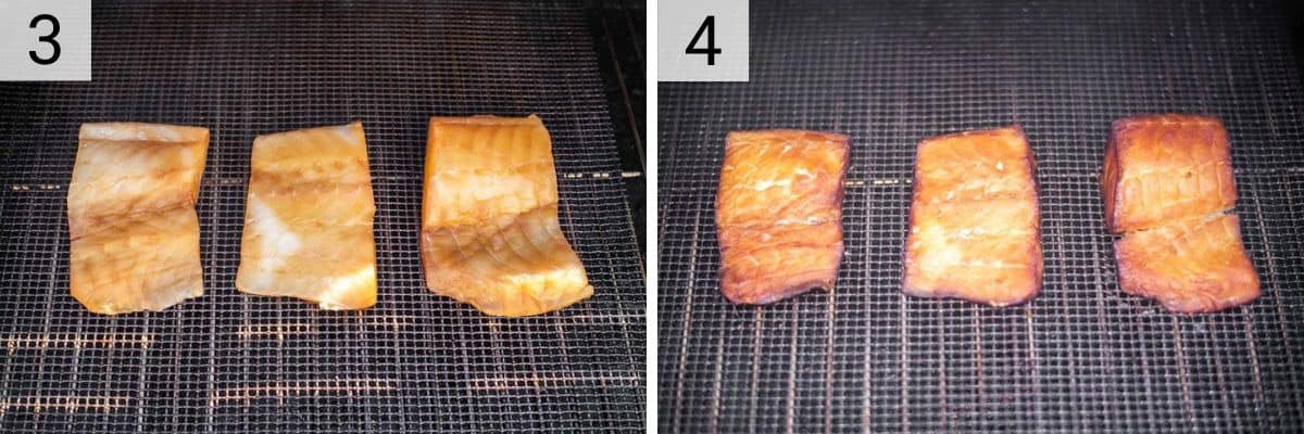 process shots of smoking cod in pellet grill