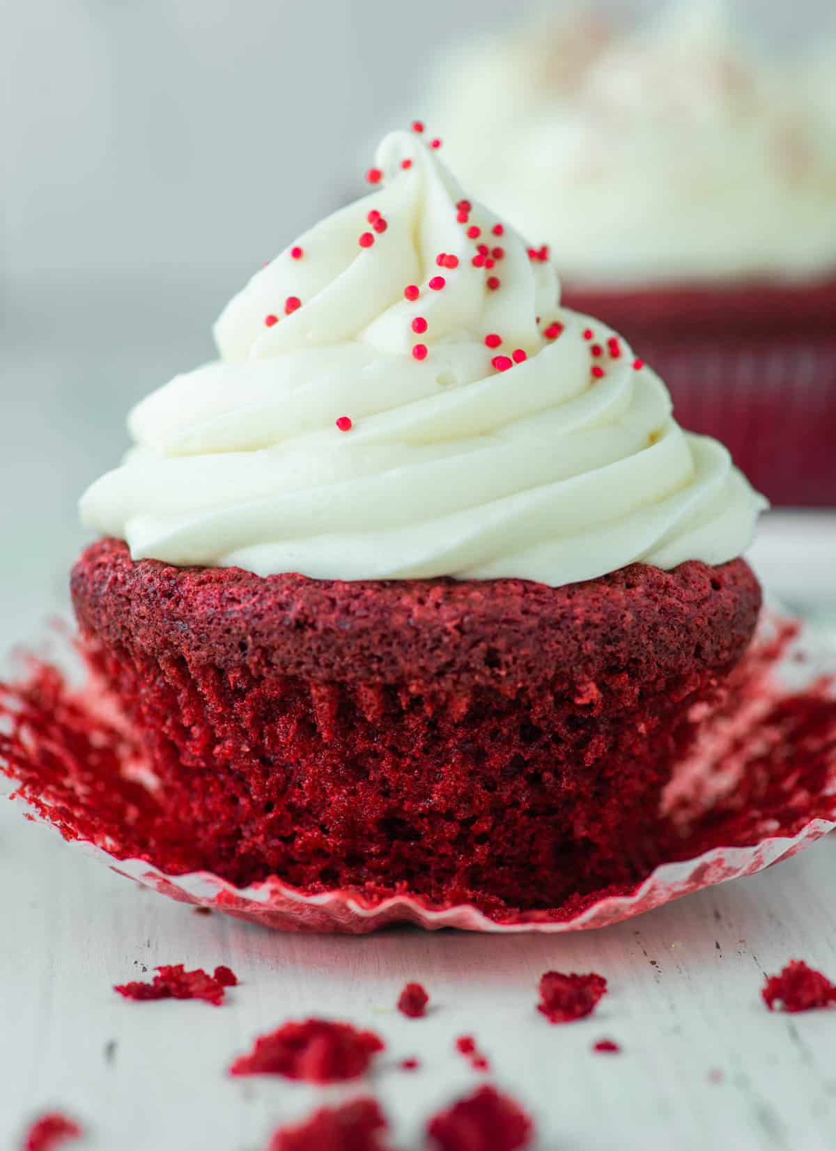 Baileys red velvet cupcake with cupcake liner peeled off
