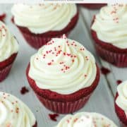 red velvet cupcakes made with Baileys on white board