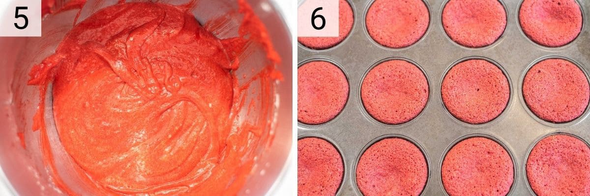process shots of adding wet ingredients with food coloring and mixing with dry ingredients and baking the muffins in a pan