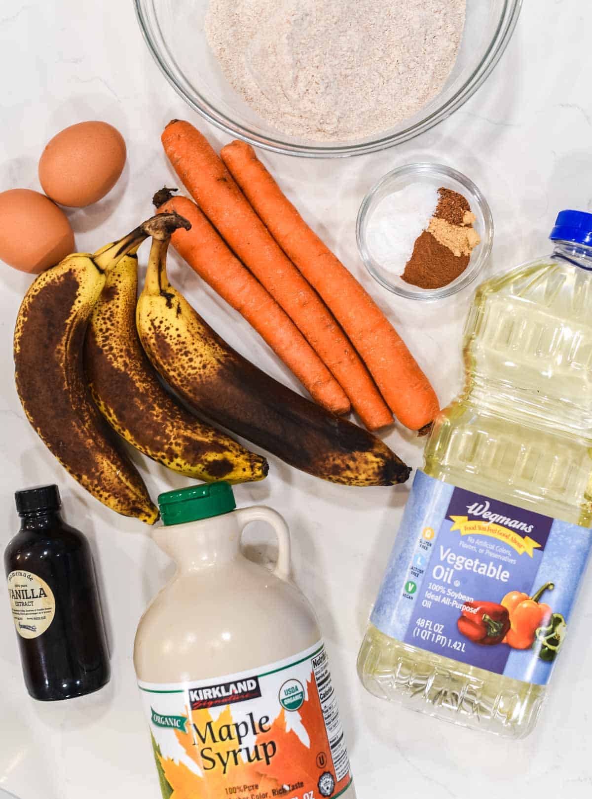 overhead shot of ingredients for banana carrot muffins