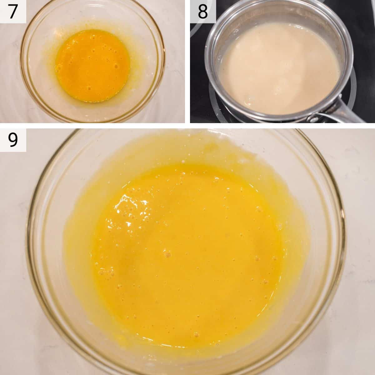 process shots of whisking egg yolks before heating cream and tempering the eggs