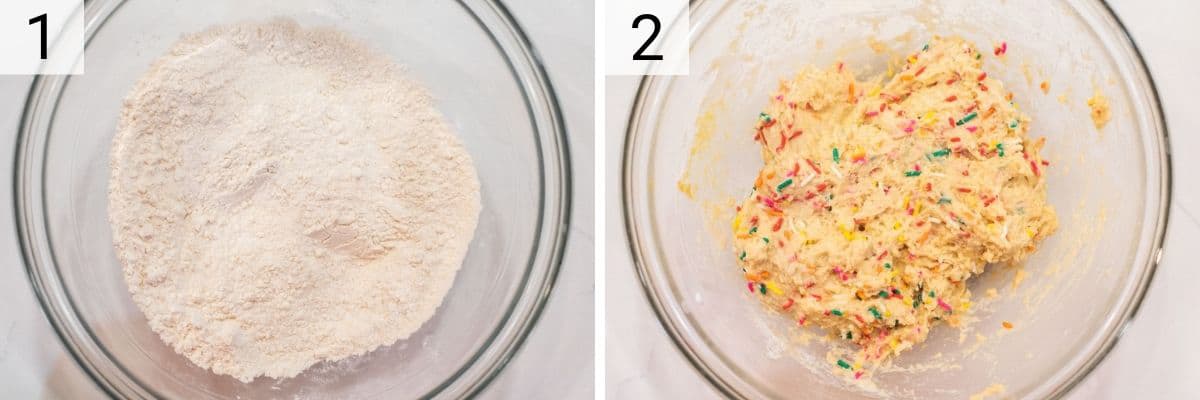 process shots of mixing batter ingredients in bowl