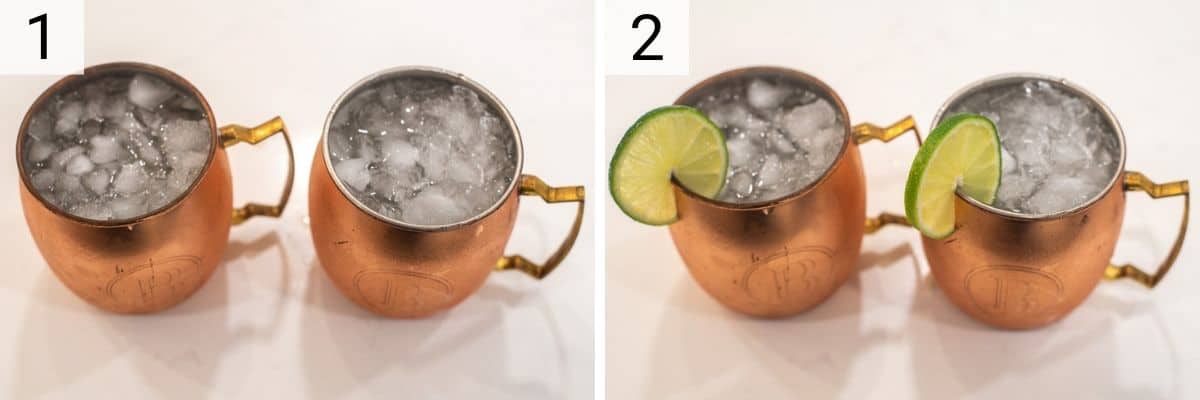 process shots of making mule with Irish whiskey in copper mug