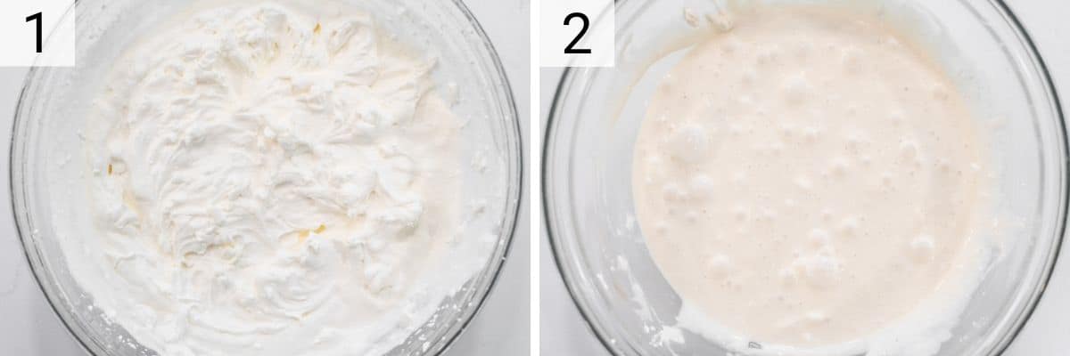 process shots of whipping cream and mixing other ingredients in a bowl